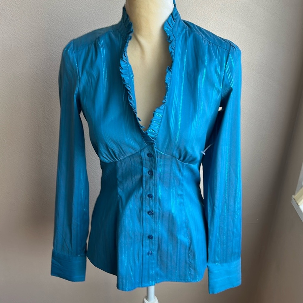 Maurices Womens Blouse Shirt Long Sleeve Teal Ruffle Lurex Sz S ST3225